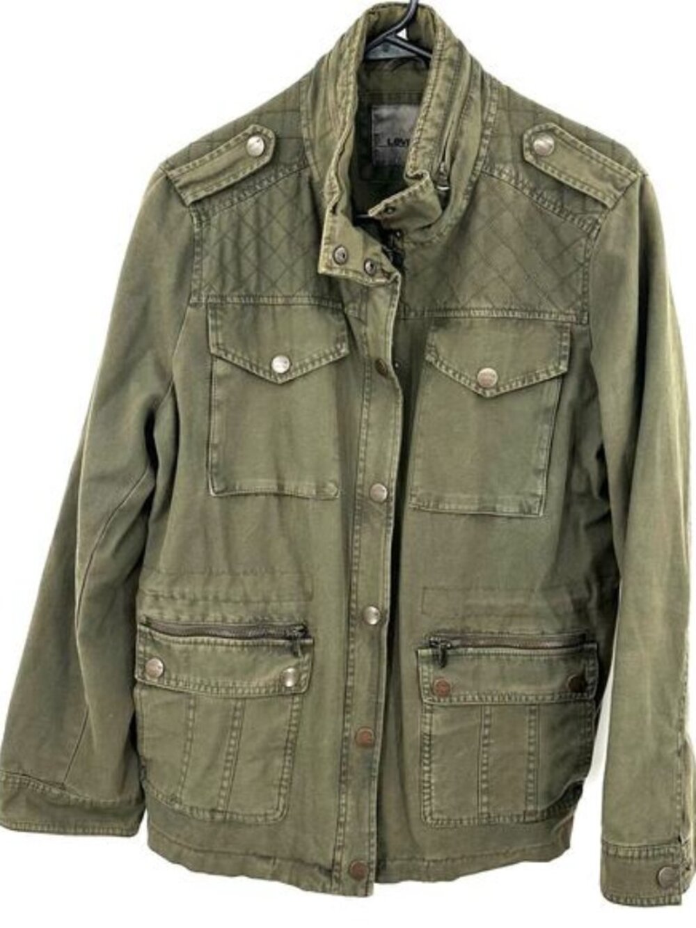 Levi's Size Large Jacket Green Zip & Snap Denim Jean Military‎ Cargo Pockets